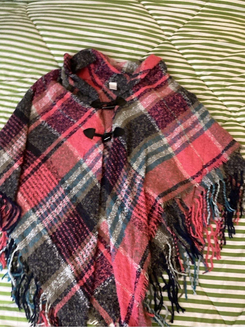 Women’s Plaid Navy and Coral Fringe Toggle Poncho Cape